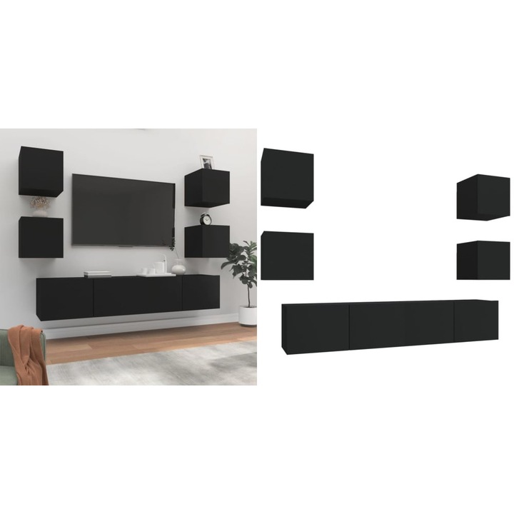 Set dulap TV, 6 piese, negru, lemn prelucrat