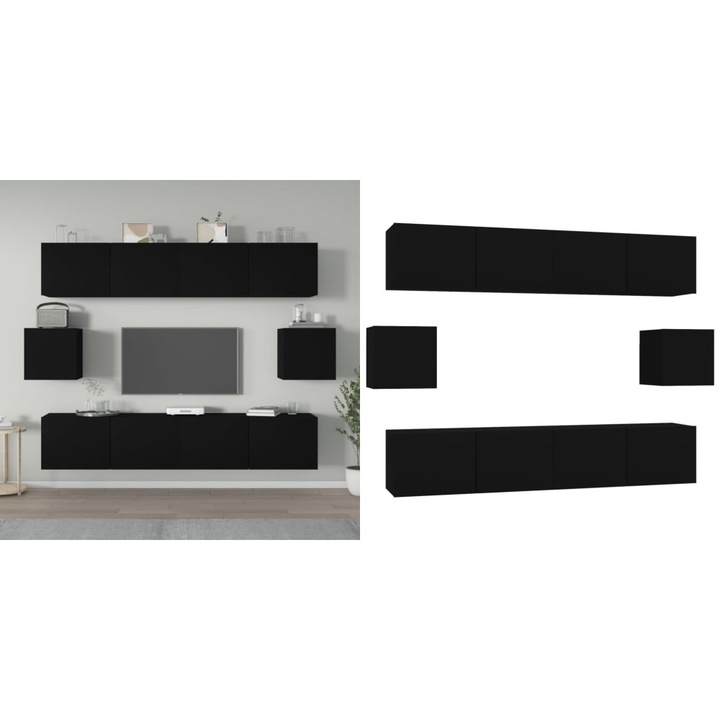 Set dulap TV, 6 piese, negru, lemn prelucrat