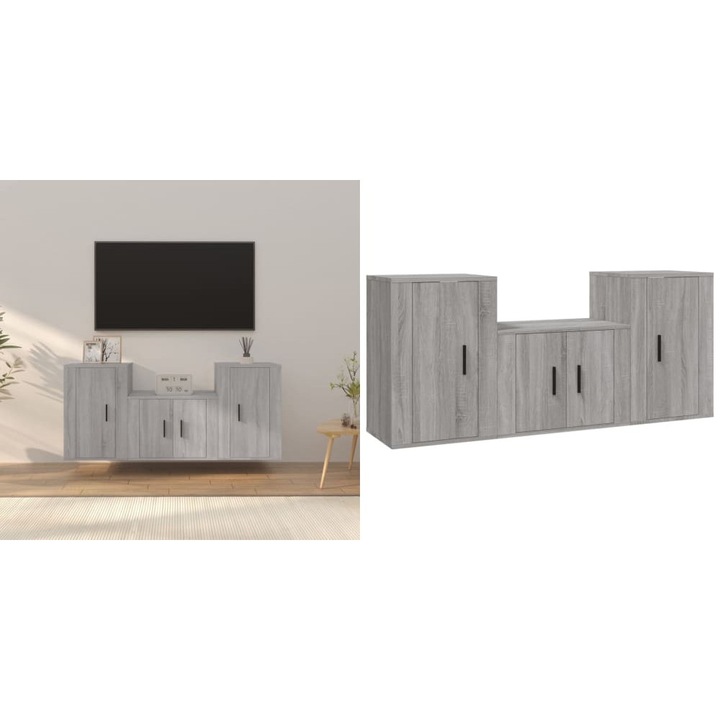 Set dulap TV, 3 piese, gri sonoma, lemn prelucrat