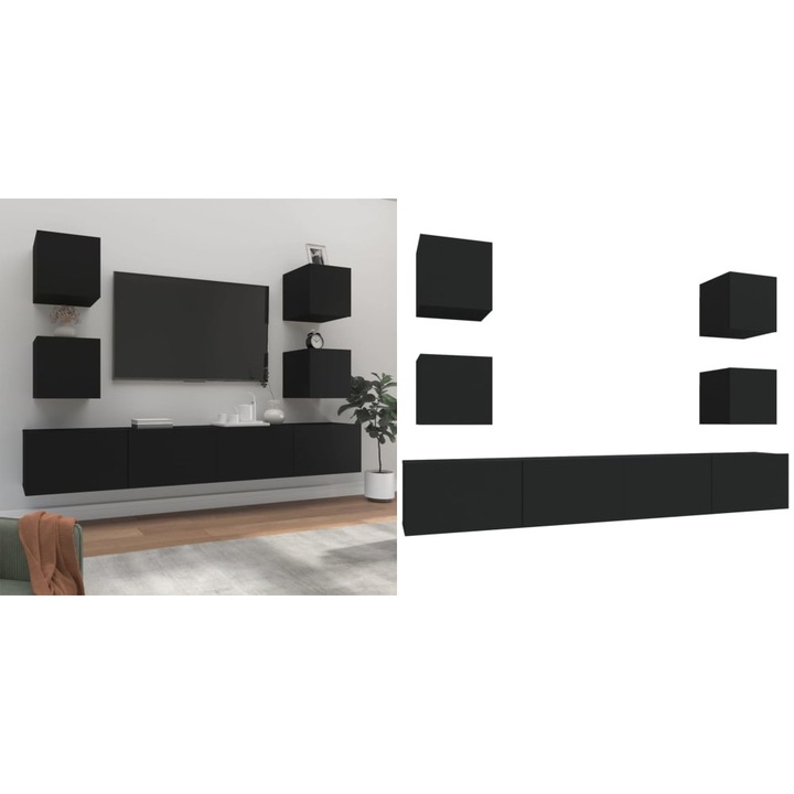 Set dulap TV, 6 piese, negru, lemn prelucrat