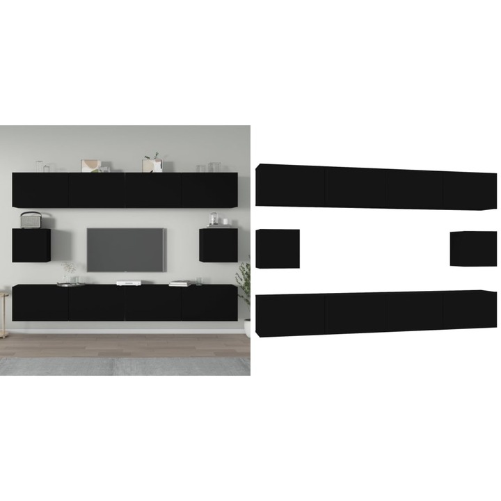 Set dulap TV, 6 piese, negru, lemn prelucrat