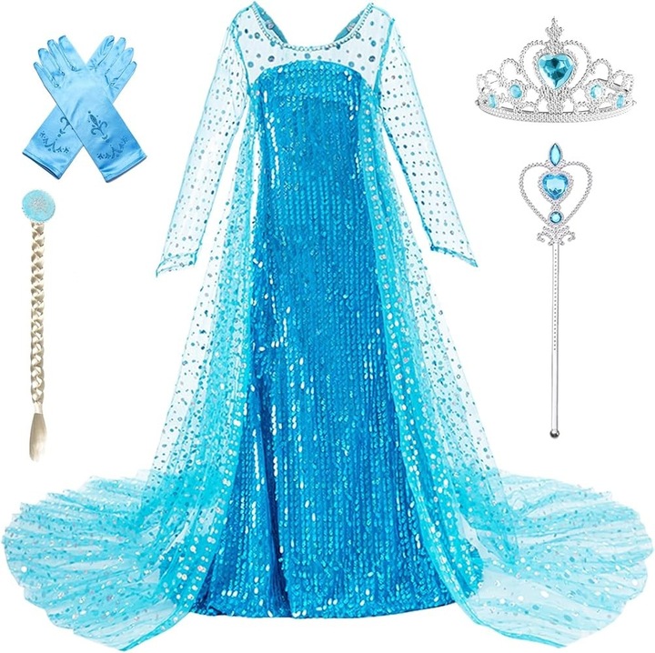 Costum fete Funny Party Shop Elsa Frozen, rochie cu paiete, manusi, bagheta, coronita, 7-8 ani, albastru cristal