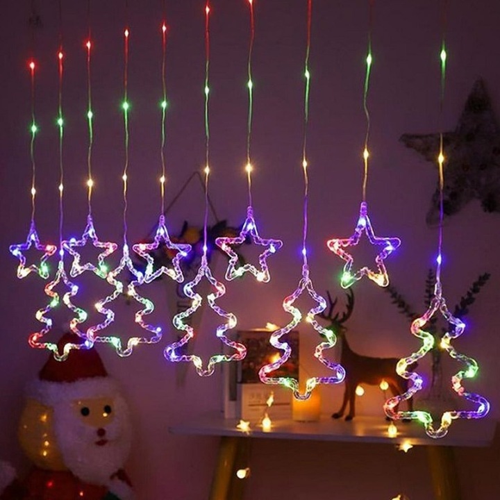 Instalatie tip perdea LED RGB, Fabrilux, 3m, 8 moduri iluminare, design stele si brazi