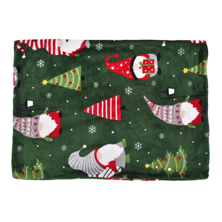 Fata de Perna Decorativa de Craciun Catifelata Verde cu Figurine de Gnome 70x50cm