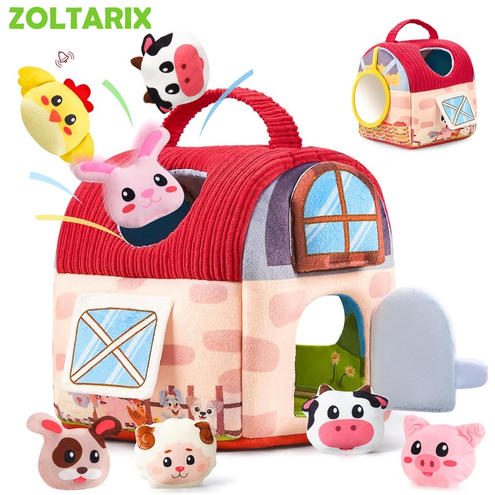 Интерактивна играчка за бебета, ZOLTARIX, хамбар изненада с пълнени селскостопански животни, огледало, със звуци, Монтесори играчки за 1-3 години, подарък за първи рожден ден