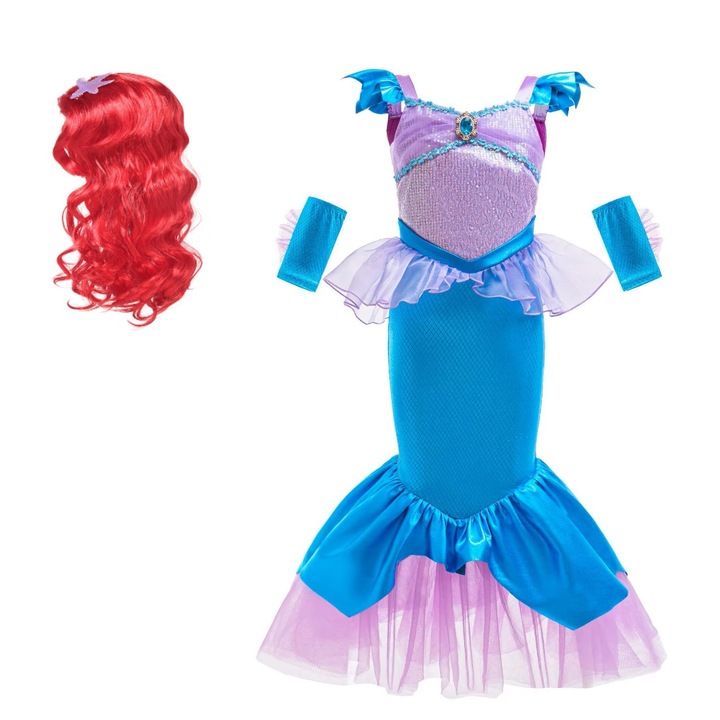 Costum carnaval Sirena Ariel, rochie albastra, manusi si peruca, 7-8 ani, Funny Party Shop®