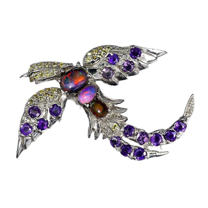 Brosa dama, Songea, granate, ametiste, safire, 48x45mm