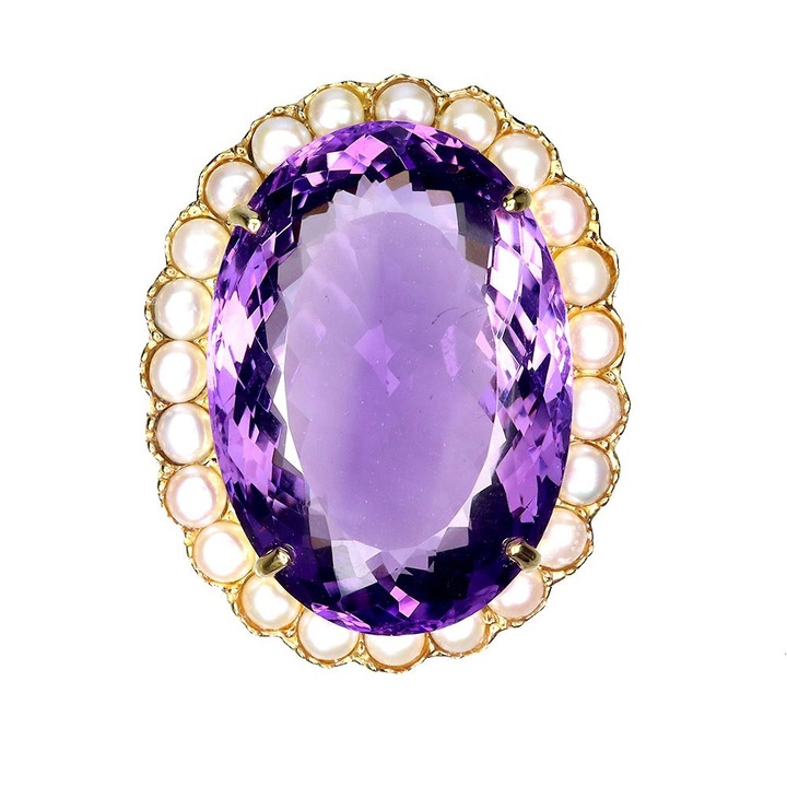 Brosa argintie cu ametist natural 63ct si perle, Songea, 31x22mm, 38x30mm