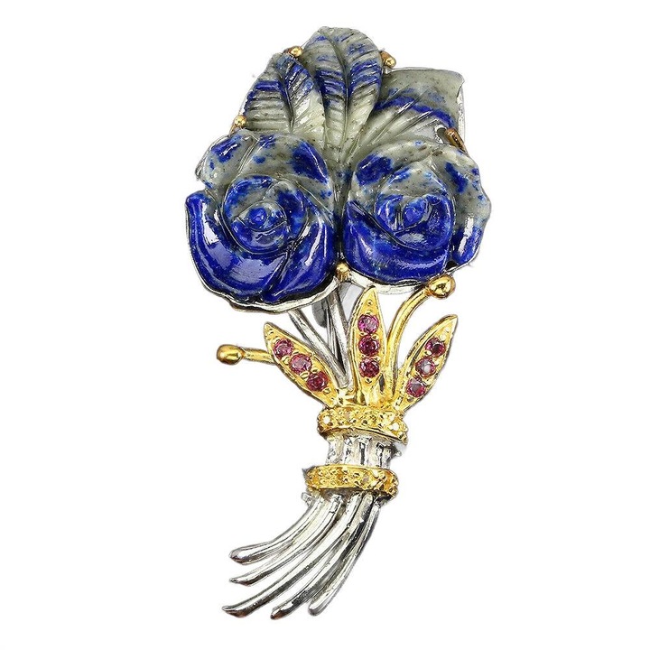 Brosa argint 925, granate si safire, 61x30mm