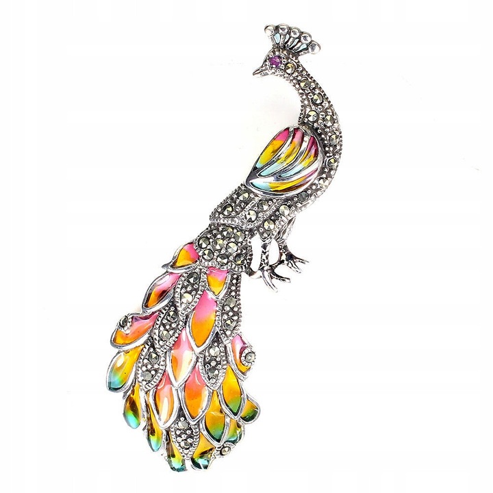 Brosa emaliata argint 925 cu markazite si rubin, Songea, 70x25mm, 9.26g