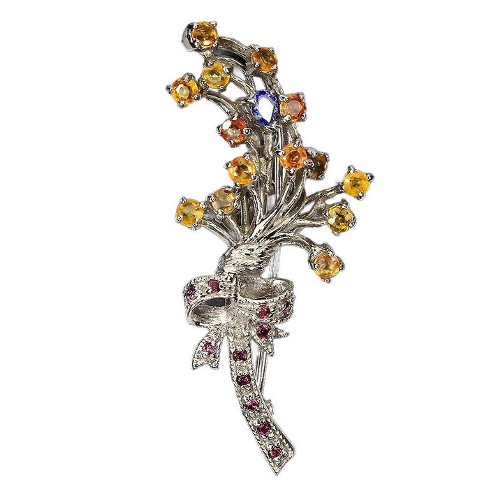 Brosa argint 925, Songea, granate naturale, tanzanite, safire, 51x21mm
