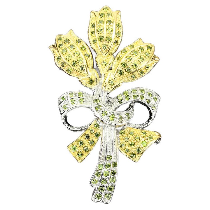 Brosa din argint 925, cu diopside naturale, flori, 14K aur alb si galben, 57x29mm