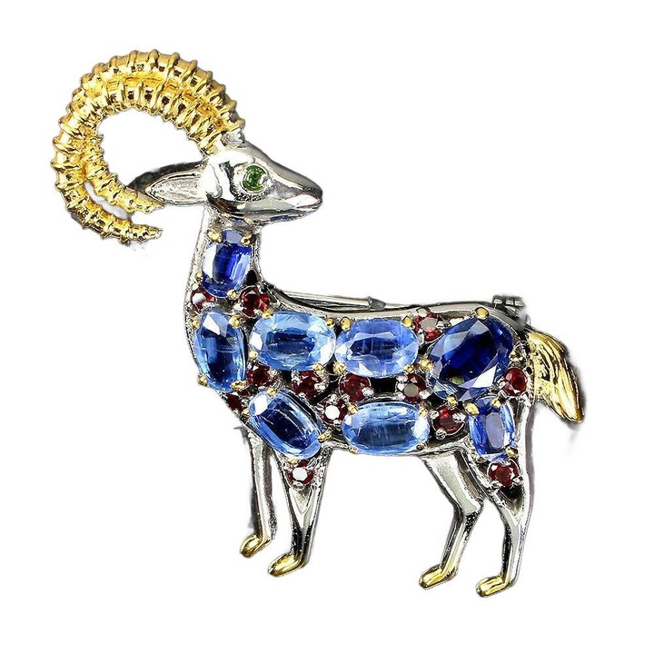 Brosa din argint cu cianit, diopsid si granat, 40x37mm