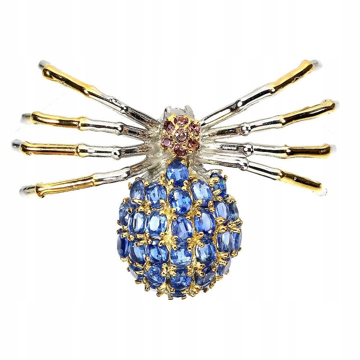 Brosa din argint cu cianit si safir natural, model paianjen, 50x35mm, placat cu aur alb si galben