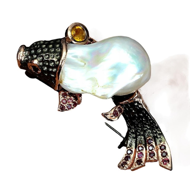 Brosa argintie 925 cu perla baroca naturala, citrin si granat, 53x25mm, set