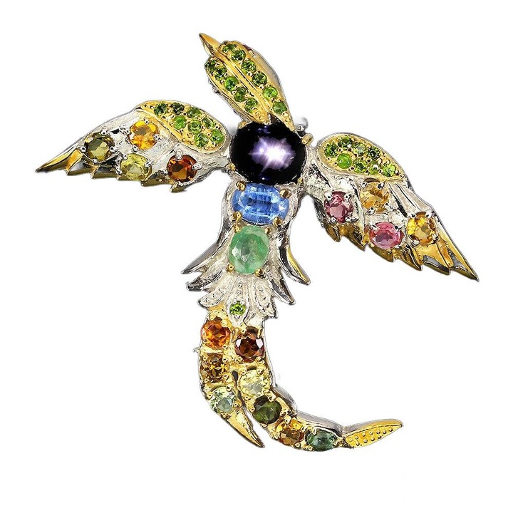 Brosa din argint cu safir si smarald, 48x43mm, multicolor