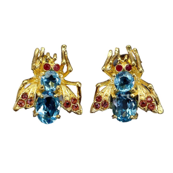 Cercei dama, Songea, argint, placat cu aur galben 14K, cu topaze/rubine/granate, 20x17mm