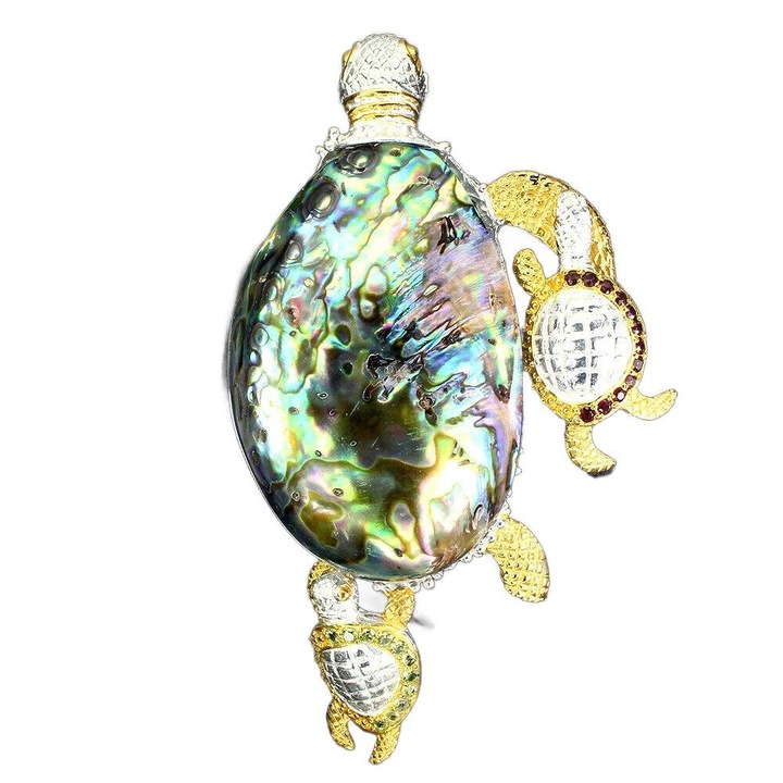 Brosa cu sidef, peridot si granat, model broasca, multicolor