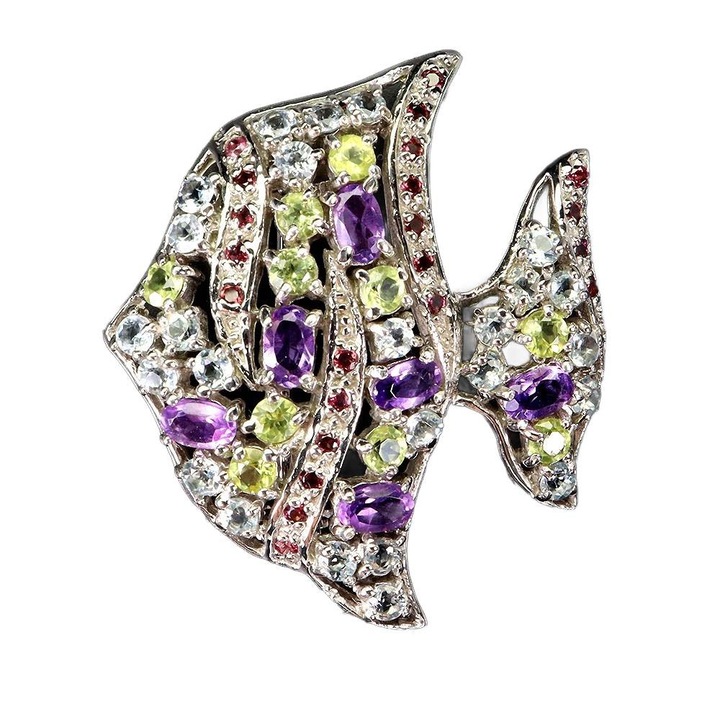 Brosa din argint cu ametist/peridot/acvamarin/granat, Songea, 38x33mm