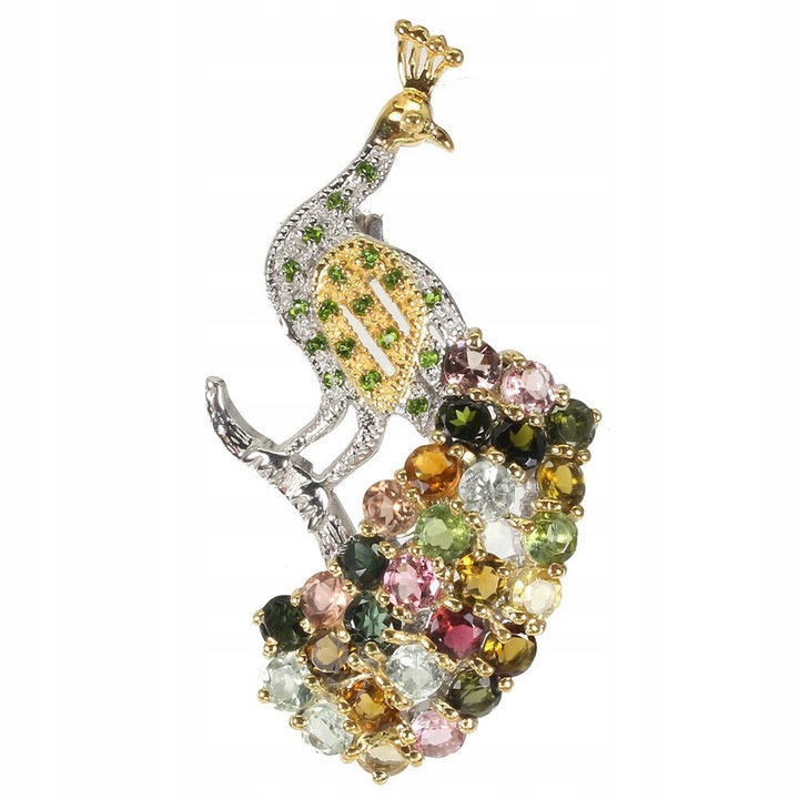 Brosa argint 925, cu turmalina si diopsid, 48x25mm, model paun