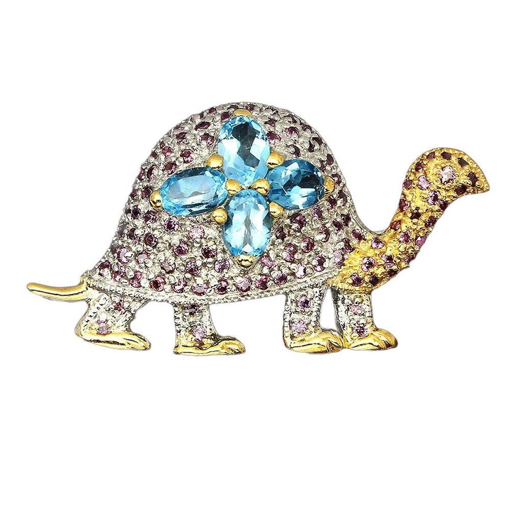 Brosa din argint 925, Songea, cu safire naturale, granat si topaz, 43x23mm, 6.86g