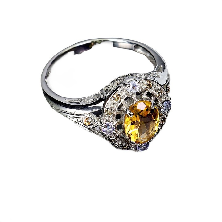 Inel Songea, 14K aur alb, cu tanzanite, citrin, safire, 20x14mm, marimea 18