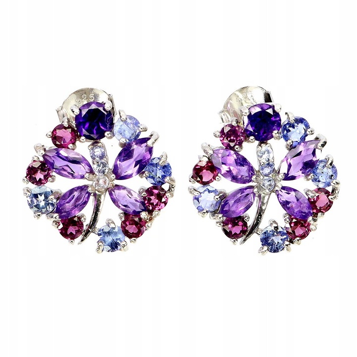 Cercei argintii 925 cu granate, tanzanite si ametiste, Songea, 16x16mm, set