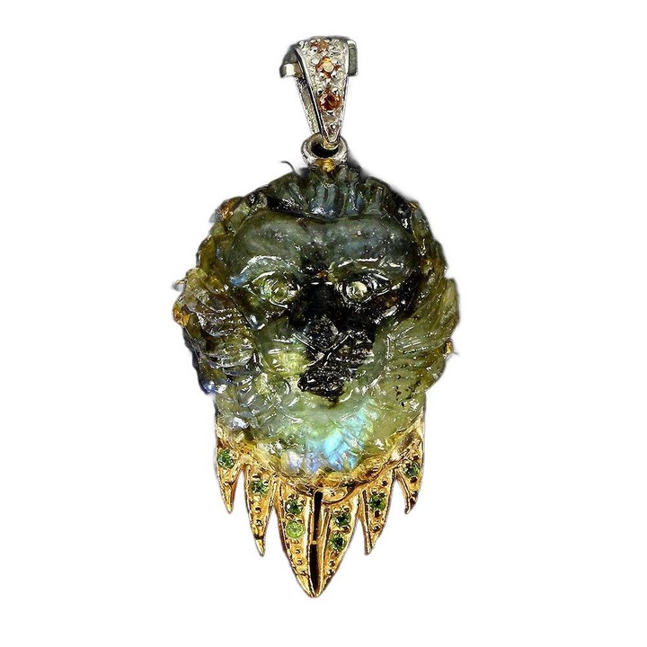 Pandantiv labradorit AAA cu diopside si safire, argint 925, 50x25mm, set