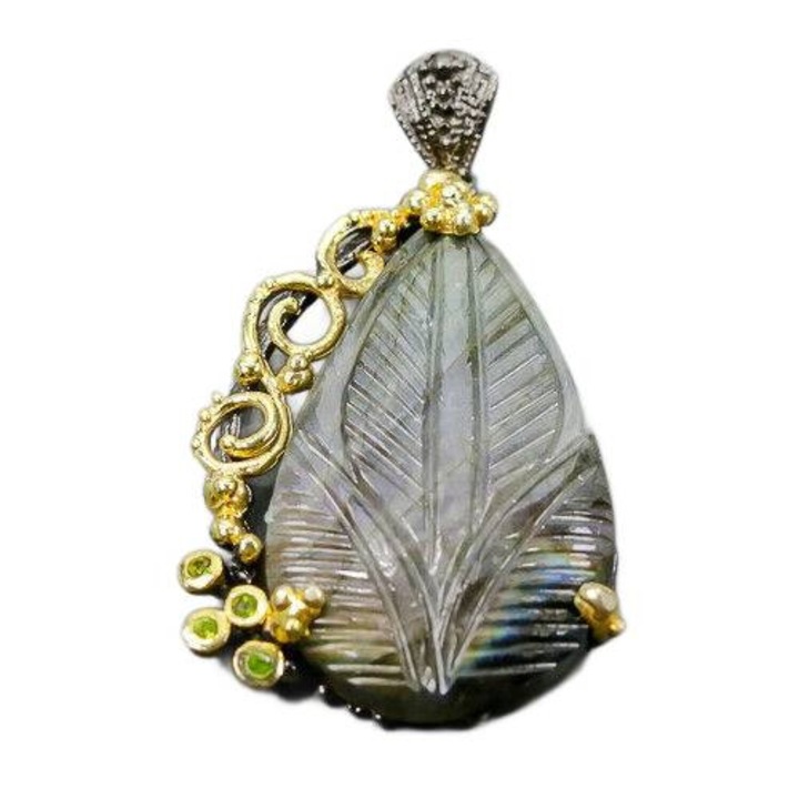 Pandantiv artistic 925 cu labradorit 25ct, aurit, dimensiuni 45x26x6mm