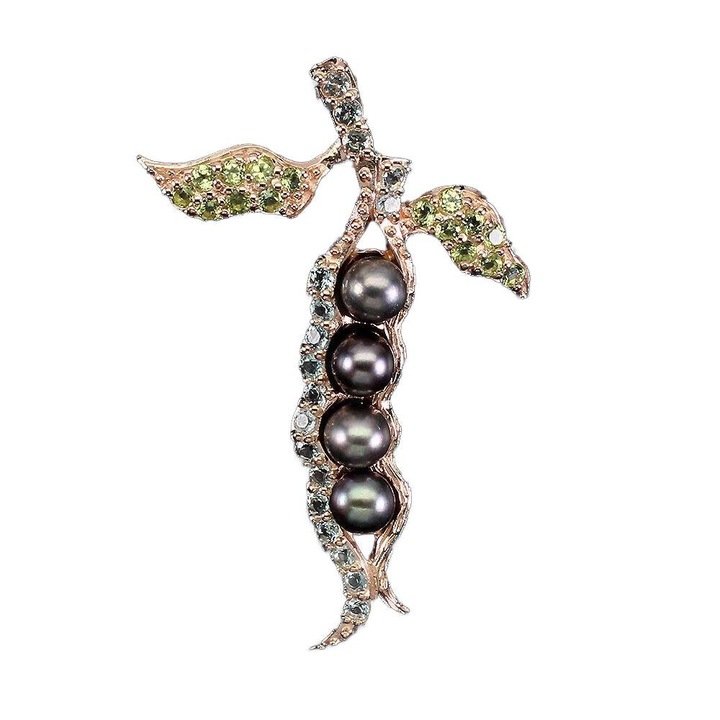 Pandantiv argintiu 925 cu perle negre naturale, oliwin si topaz albastru, 53x35mm, set bijuterii dama