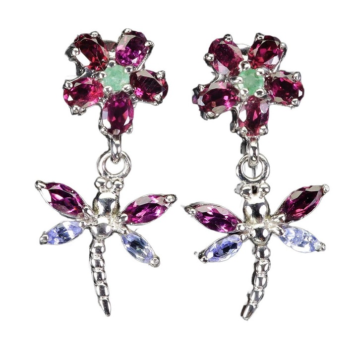 Cercei din argint 925 cu tanzanite, smaralde si granate, Songea, 28x14mm, set