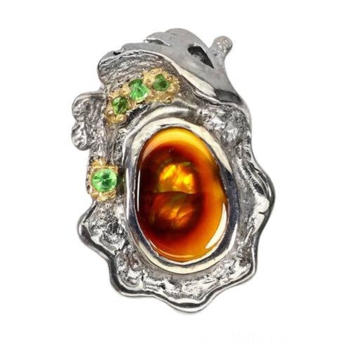 Pandantiv argint 925, agat ognisty, tsaworyte, 24x17mm, 5.89g, set handmade