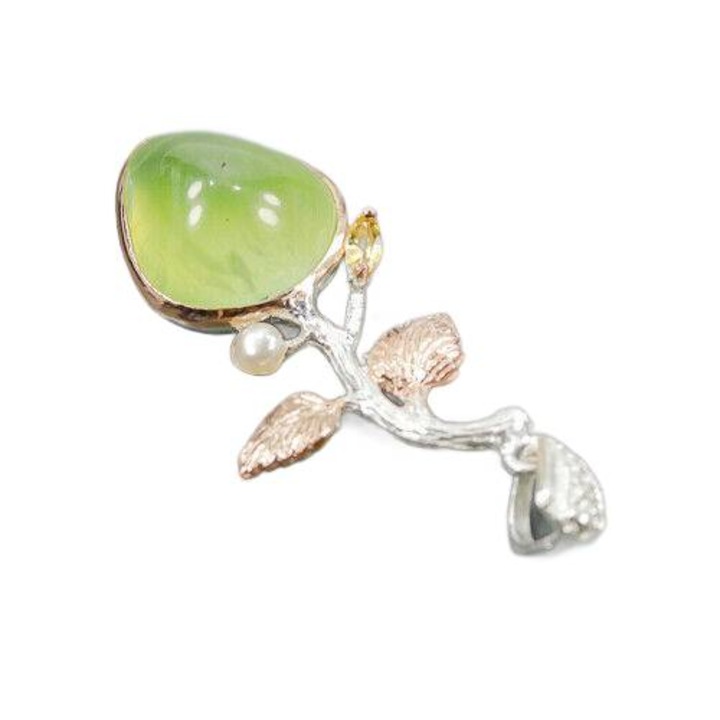 Pandantiv din argint 925 cu prehnit, perla si citrin, 45x19x9mm, set handmade