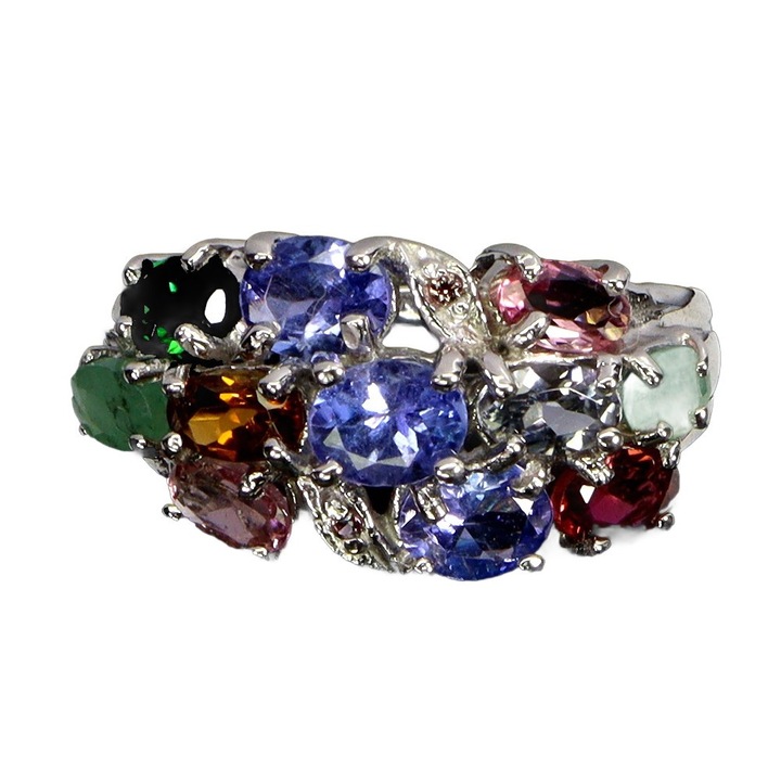 Inel argint 925 placat cu aur 14K, turmaline naturale, tanzanite, smaralde, granate, 21x11mm, marimea 13