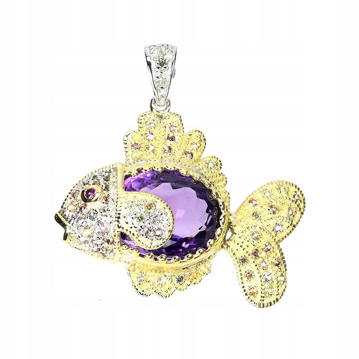 Pandantiv argint 925, ametist 19ct, granate, safire Songea, 43x40mm