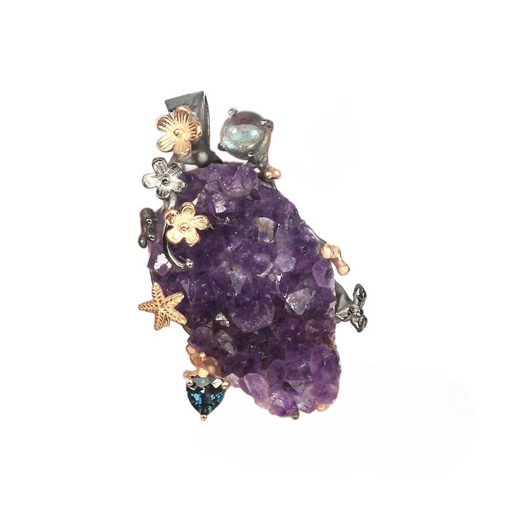 Pandantiv argint 925, ametist, labradorit, topaz, 43x26mm, fara lant