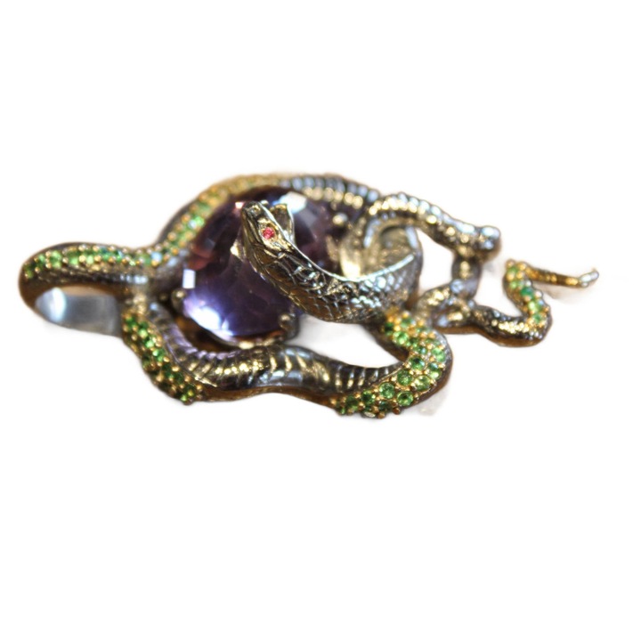 Pandantiv artistic din argint 925 cu ametist natural, diopsid si granat, 60x32mm, set