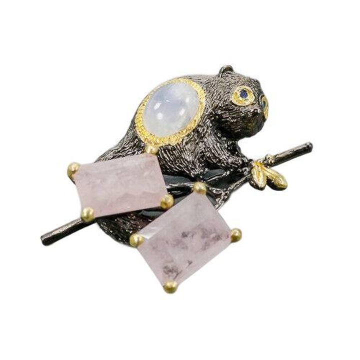 Brosa argintie 925 cu morganite, piatra lunara si safire, 19.9g, set