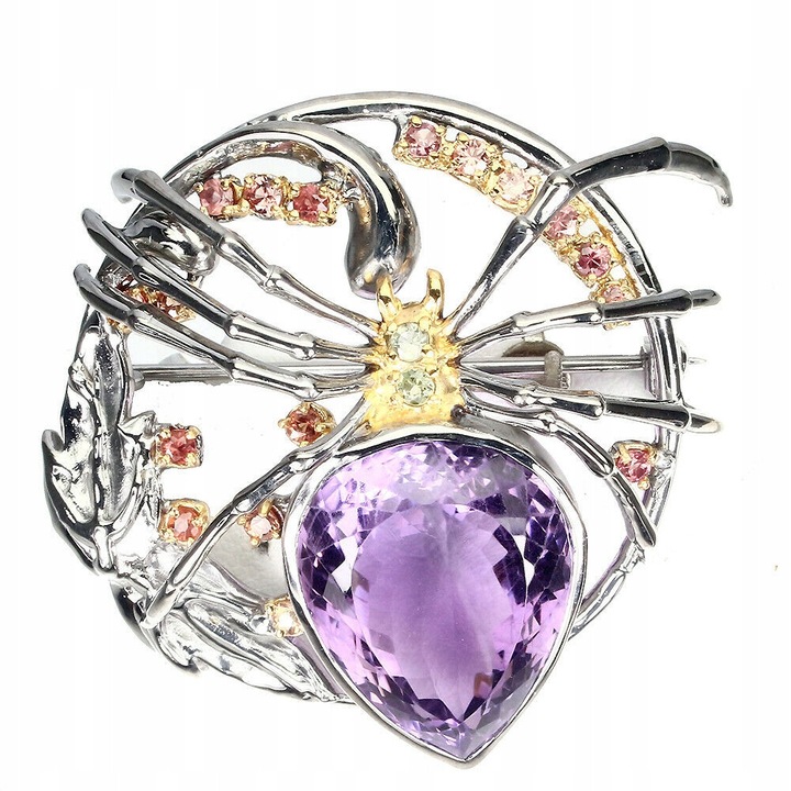 Brosa din argint 925, ametist natural 31.10ct, safire, 47x45mm, set cu certificat