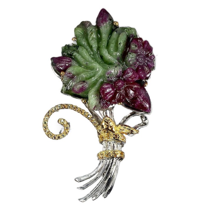 Brosa argintie cu safire si rubin, 14K, 66x35mm