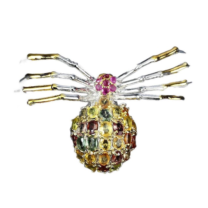 Brosa argint 925, rubine si safire naturale, 49x27mm, 14K aur alb si galben