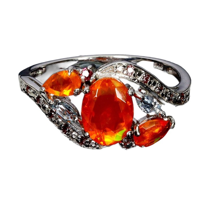 Inel din argint 925 cu opale, acvamarin si safiri, Songea, 19