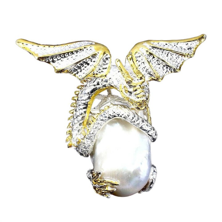 Pandantiv argintiu cu perla baroc natural, 14K aur, 62x53mm