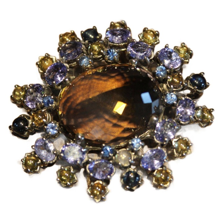 Pandantiv argint cu citrin natural, Songea, tanzanit, kianit, safir, turmalin, 41x38mm