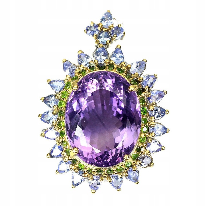 Brosa Songea argint 925 cu ametist natural 29.54ct, tanzanite si diopside, 43x30mm, argintiu