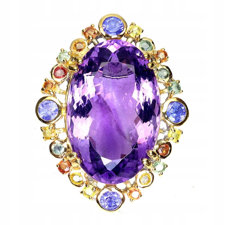 Brosa Songea argint 925 cu ametist natural 37ct, tanzanite si safire, 39x30mm, argintie