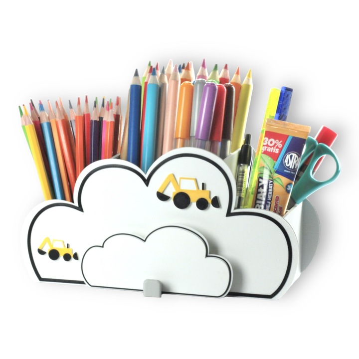 Organizator de birou pentru copii, in forma de nor, cu sertar si 8 compartimente pentru creioane, 23x13x12 cm, multicolor