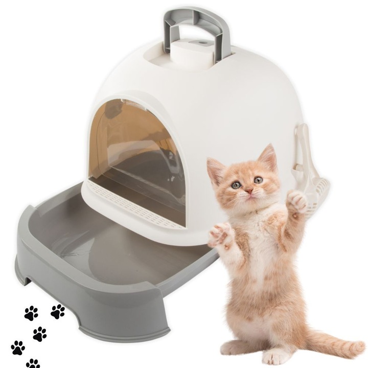 Голяма и Затворена Котешка Тоалетна, AB HOMES, с Тава за Пясък и Здрава Лопатка, Система за Лесно Почистване, Хигиеничен и Модерен Дизайн