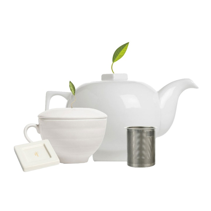Комплект подаръци за чай Tea Forte, чаша за кафе 230 мл, чайник Solstice 350 мл, 2 керамични подложки, бял