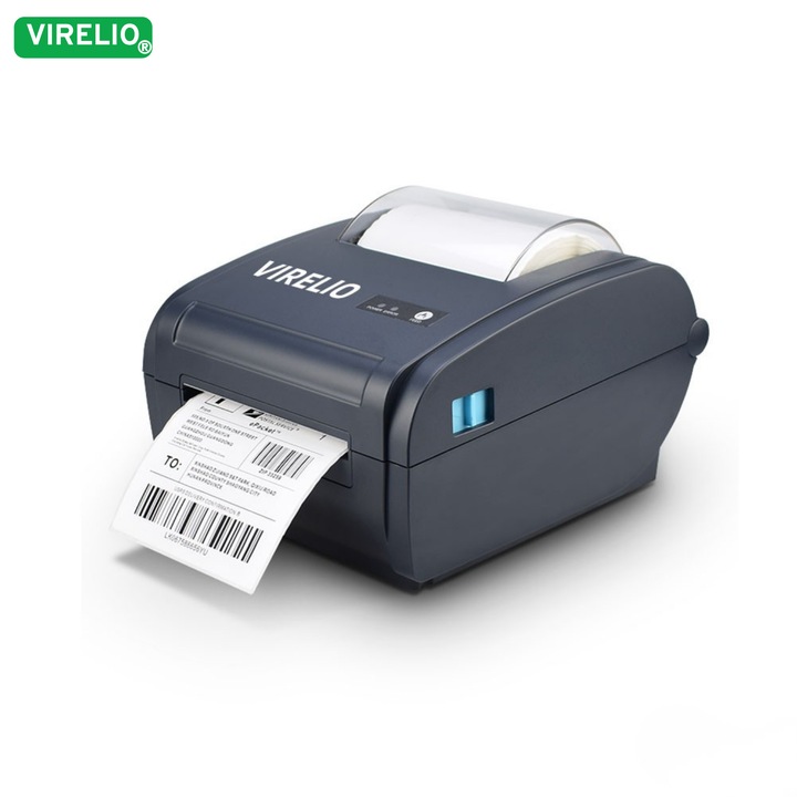 Термопринтер за етикети и AWB-Virelio, Максимален размер на хартията 100x150 мм, Резолюция 203 DPI, Скорост 160 мм/с, USB/LAN/Bluetooth, Съвместим с Windows, macOS, IOS, Android, 1D/2D баркодове, Поддържа 11 размера на шрифта, Черен